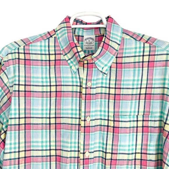 Brooks Brothers Shirt Mens XL Green Pink Plaid Irish Linen Button Up Extra Large - Picture 9 of 10